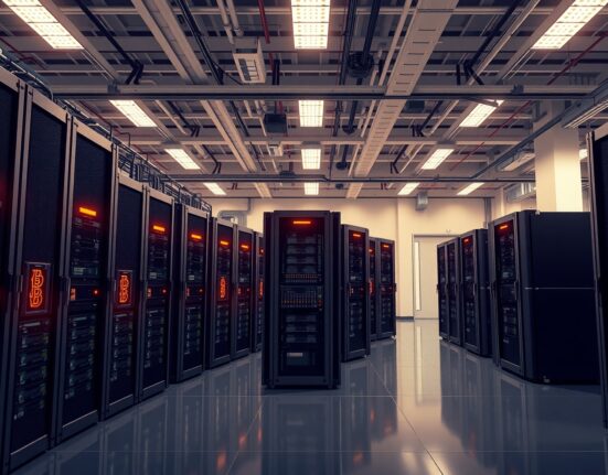 Riot Platforms Bitcoin mining facility with rows of active ASIC miners.