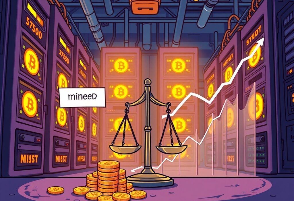 A cartoon illustration showing Riot Platforms' Bitcoin mining operations, balancing BTC acquisition with strategic sales.