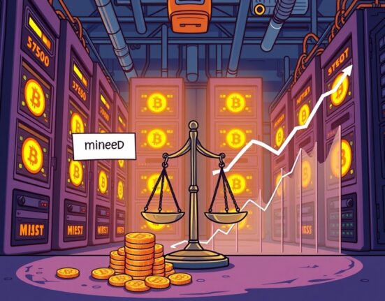 A cartoon illustration showing Riot Platforms' Bitcoin mining operations, balancing BTC acquisition with strategic sales.