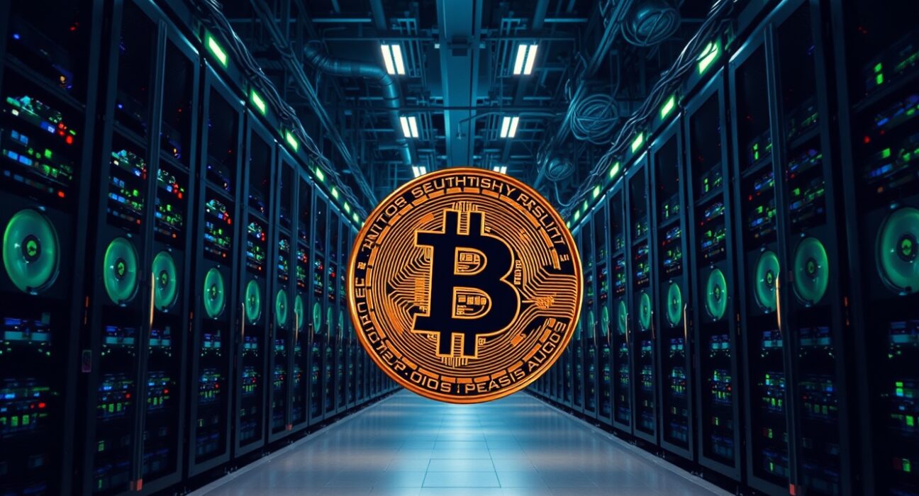 Riot Platforms cryptocurrency mining facility interior with glowing rigs and a Bitcoin coin in the foreground.