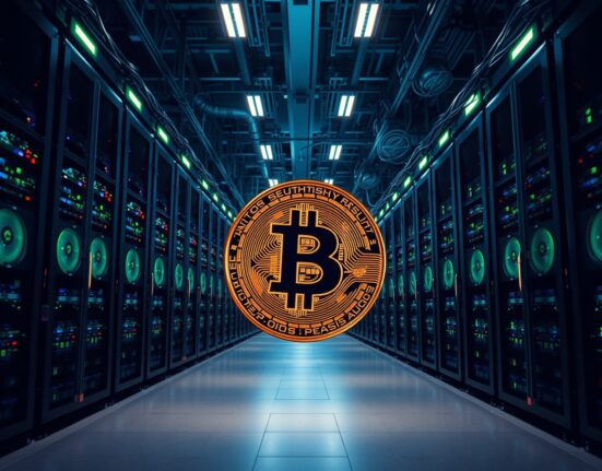 Riot Platforms cryptocurrency mining facility interior with glowing rigs and a Bitcoin coin in the foreground.