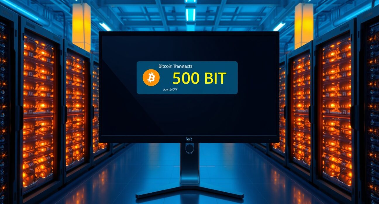 Riot Platforms Bitcoin mining facility interior with monitor showing a 500 BTC transaction to NYDIG, representing a major sell-off signal.