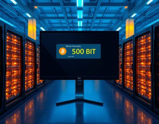 Riot Platforms Bitcoin mining facility interior with monitor showing a 500 BTC transaction to NYDIG, representing a major sell-off signal.