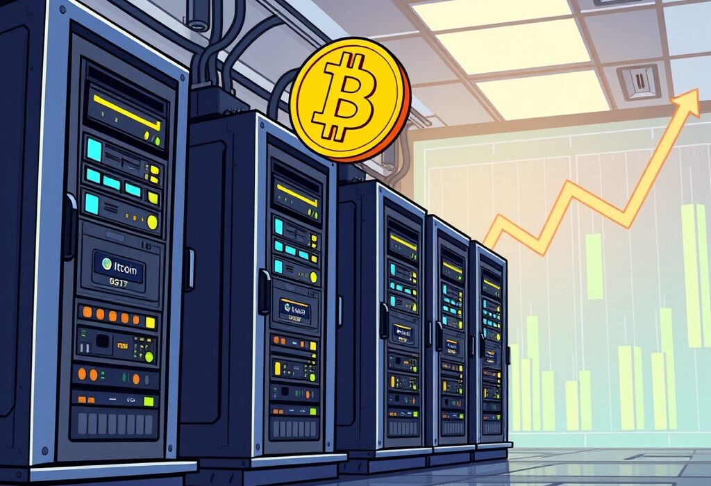 A cartoon illustration showing successful Riot Platforms BTC mining operations and significant growth in Bitcoin production.