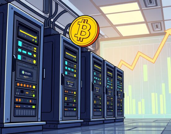 A cartoon illustration showing successful Riot Platforms BTC mining operations and significant growth in Bitcoin production.