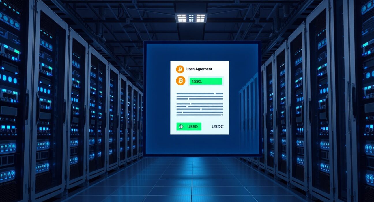 Riot Platforms Bitcoin mining facility with a digital display showing a fixed rate loan agreement with Coinbase