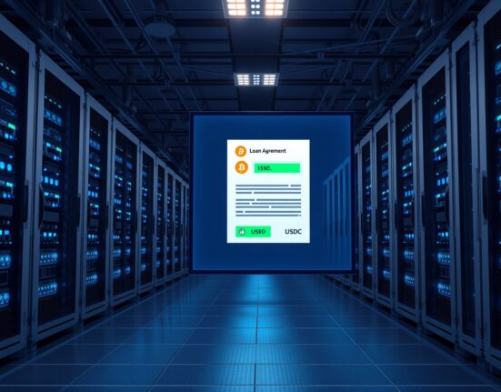 Riot Platforms Bitcoin mining facility with a digital display showing a fixed rate loan agreement with Coinbase