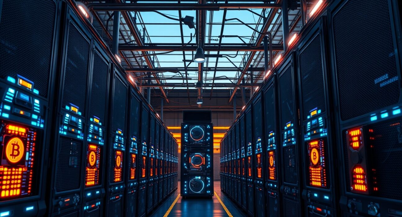 Interior of a large Bitcoin mining facility with rows of ASIC miners emitting blue and orange light.