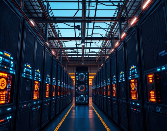 Interior of a large Bitcoin mining facility with rows of ASIC miners emitting blue and orange light.