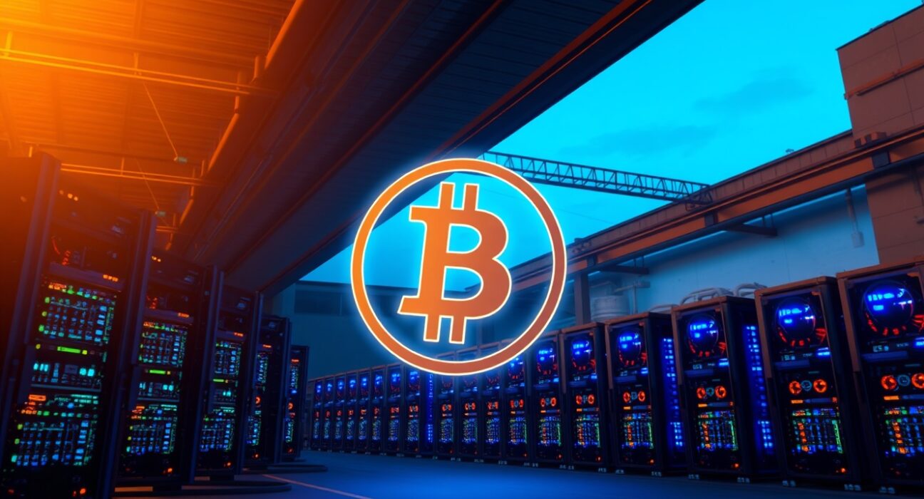 Riot Platforms Bitcoin mining facility with rigs and holographic Bitcoin symbol representing the fixed rate loan agreement