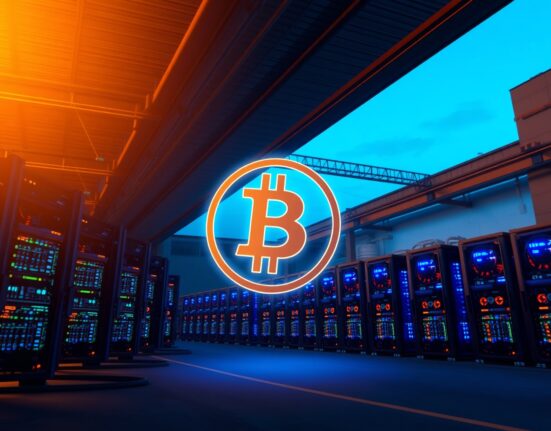 Riot Platforms Bitcoin mining facility with rigs and holographic Bitcoin symbol representing the fixed rate loan agreement