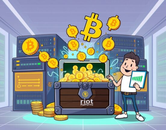 Cartoon showing Riot Platforms' strong financial growth with Bitcoin mining profits overflowing a chest, symbolizing their successful Q3 net income.