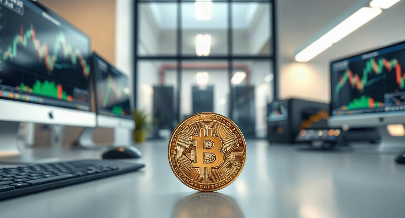 Bitcoin coin on a desk with mining screens in background, representing Riot Platforms' collateral