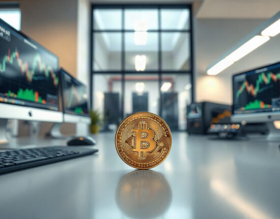 Bitcoin coin on a desk with mining screens in background, representing Riot Platforms' collateral