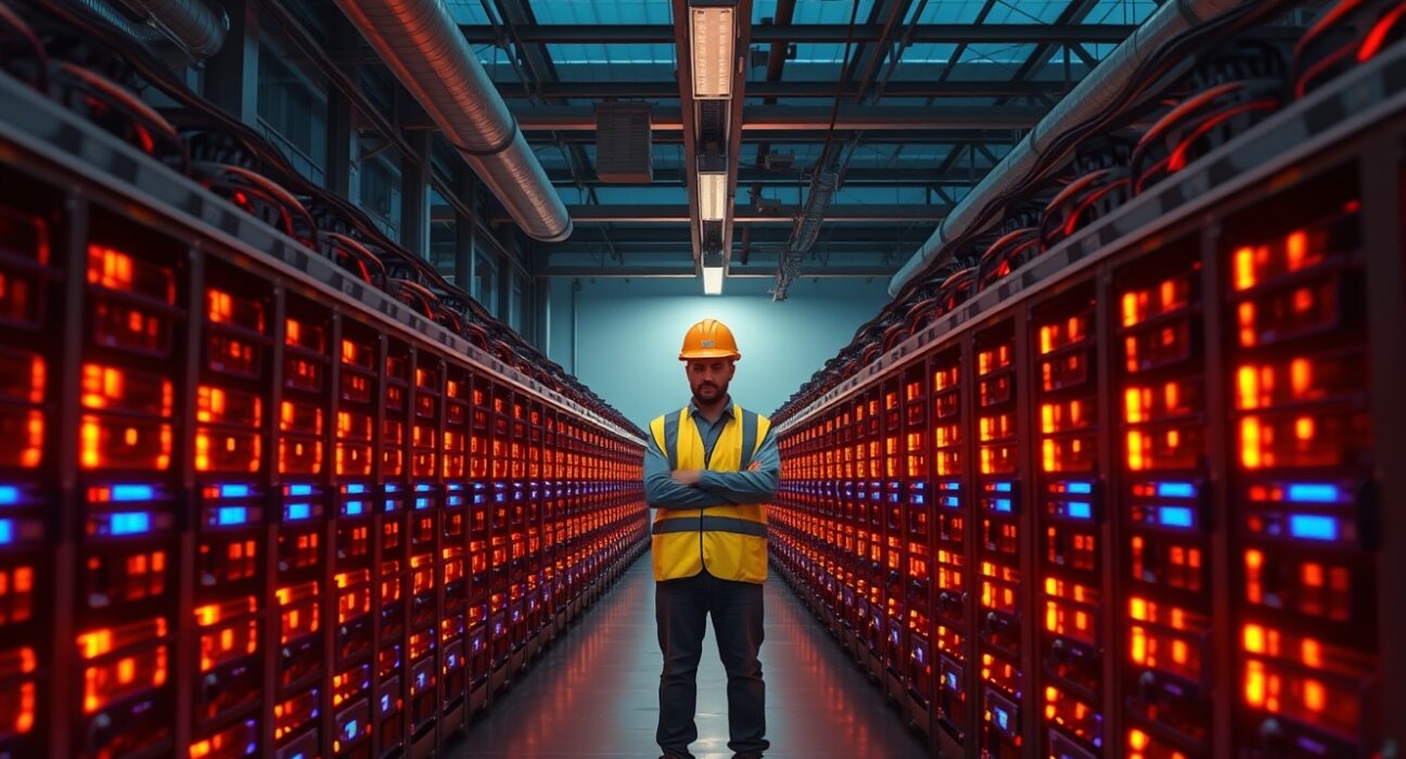Riot Platforms Bitcoin mining facility with mining rigs and worker inspecting equipment