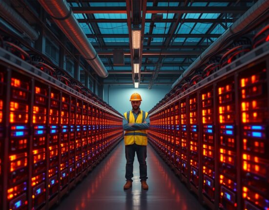 Riot Platforms Bitcoin mining facility with mining rigs and worker inspecting equipment