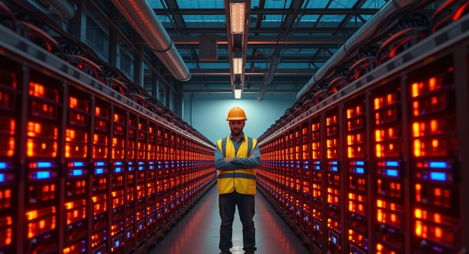 Riot Platforms Bitcoin mining facility with mining rigs and worker inspecting equipment