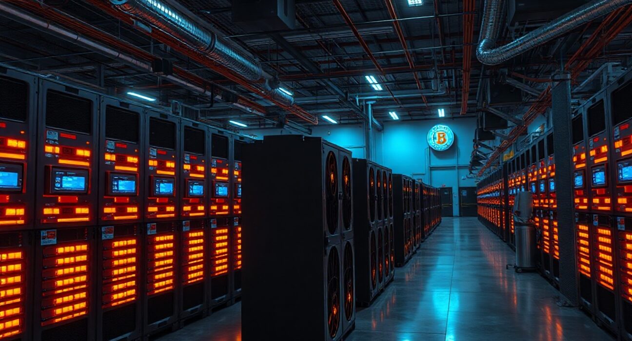 Riot Platforms Bitcoin mining facility with rows of mining rigs in operation