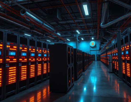 Riot Platforms Bitcoin mining facility with rows of mining rigs in operation