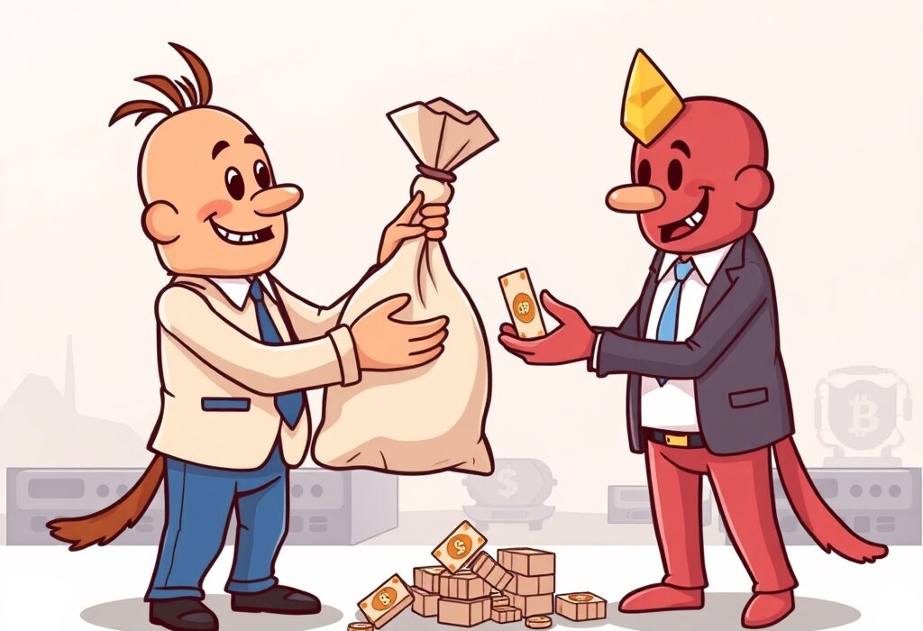 Cartoon illustration showing Riot Platforms selling shares, representing a significant shift in the Bitcoin mining industry.