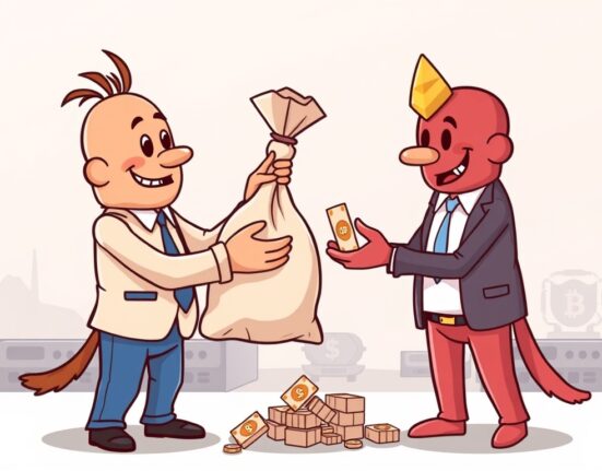Cartoon illustration showing Riot Platforms selling shares, representing a significant shift in the Bitcoin mining industry.