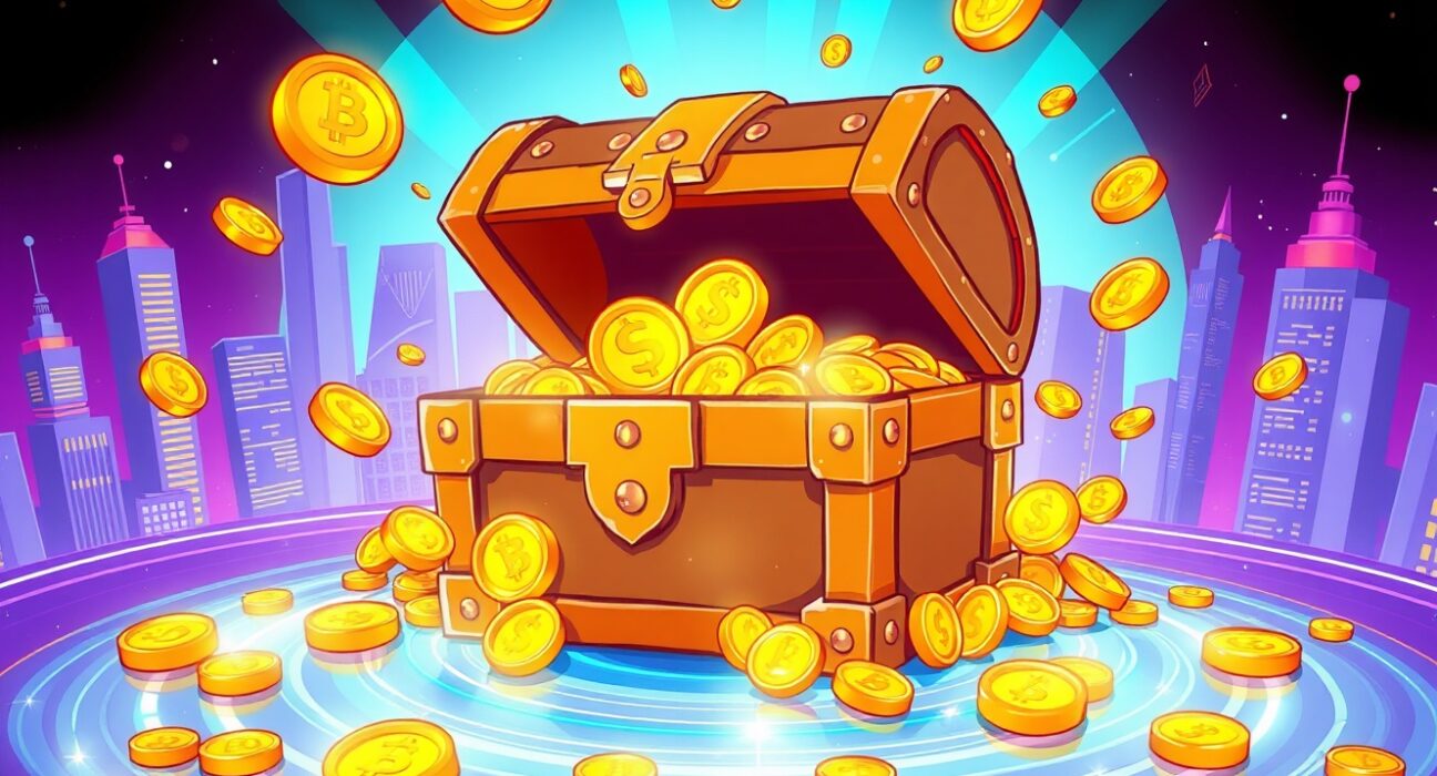 Ripple investment treasure chest with digital currency and glowing financial growth