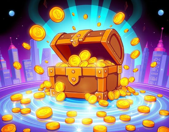 Ripple investment treasure chest with digital currency and glowing financial growth