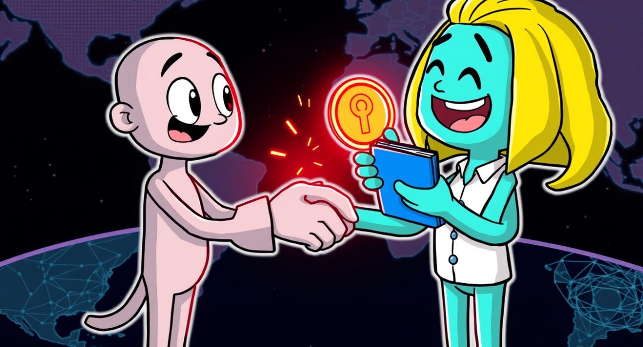 Cartoon illustration showing Ripple's strategic Ripple acquisition of Palisade, symbolizing enhanced institutional payment solutions.