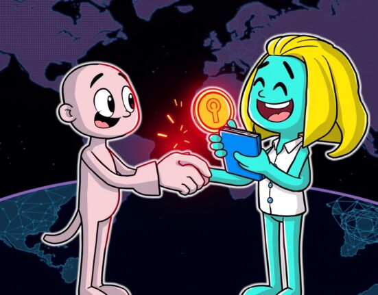 Cartoon illustration showing Ripple's strategic Ripple acquisition of Palisade, symbolizing enhanced institutional payment solutions.