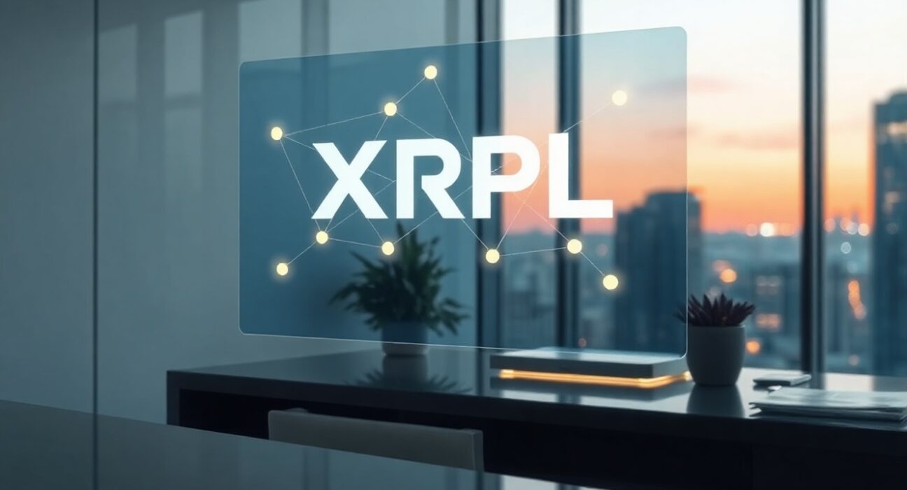 Futuristic digital interface showing XRPL logo and AI payment nodes on a transparent screen in a modern office