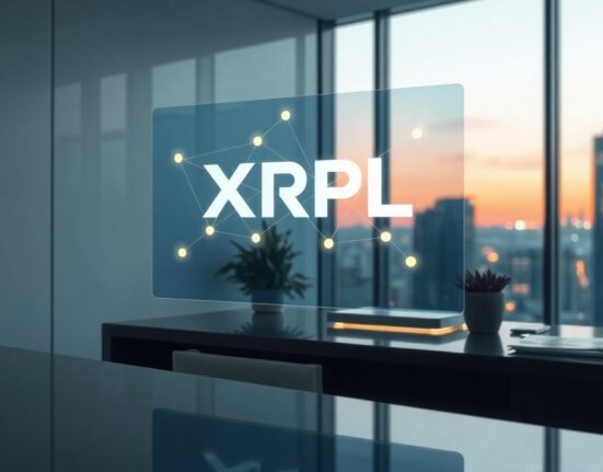 Futuristic digital interface showing XRPL logo and AI payment nodes on a transparent screen in a modern office