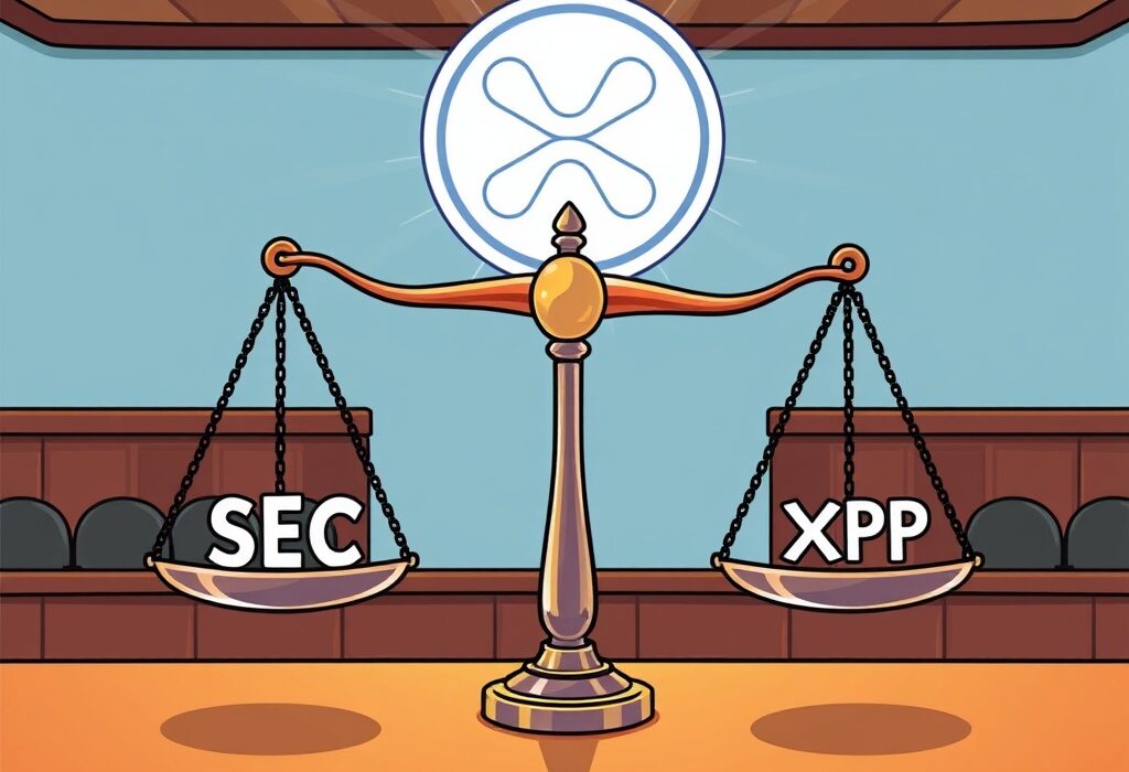 A cartoon illustration showing the U.S. SEC weighing a potential Ripple appeal withdrawal, symbolizing the end of the XRP lawsuit.