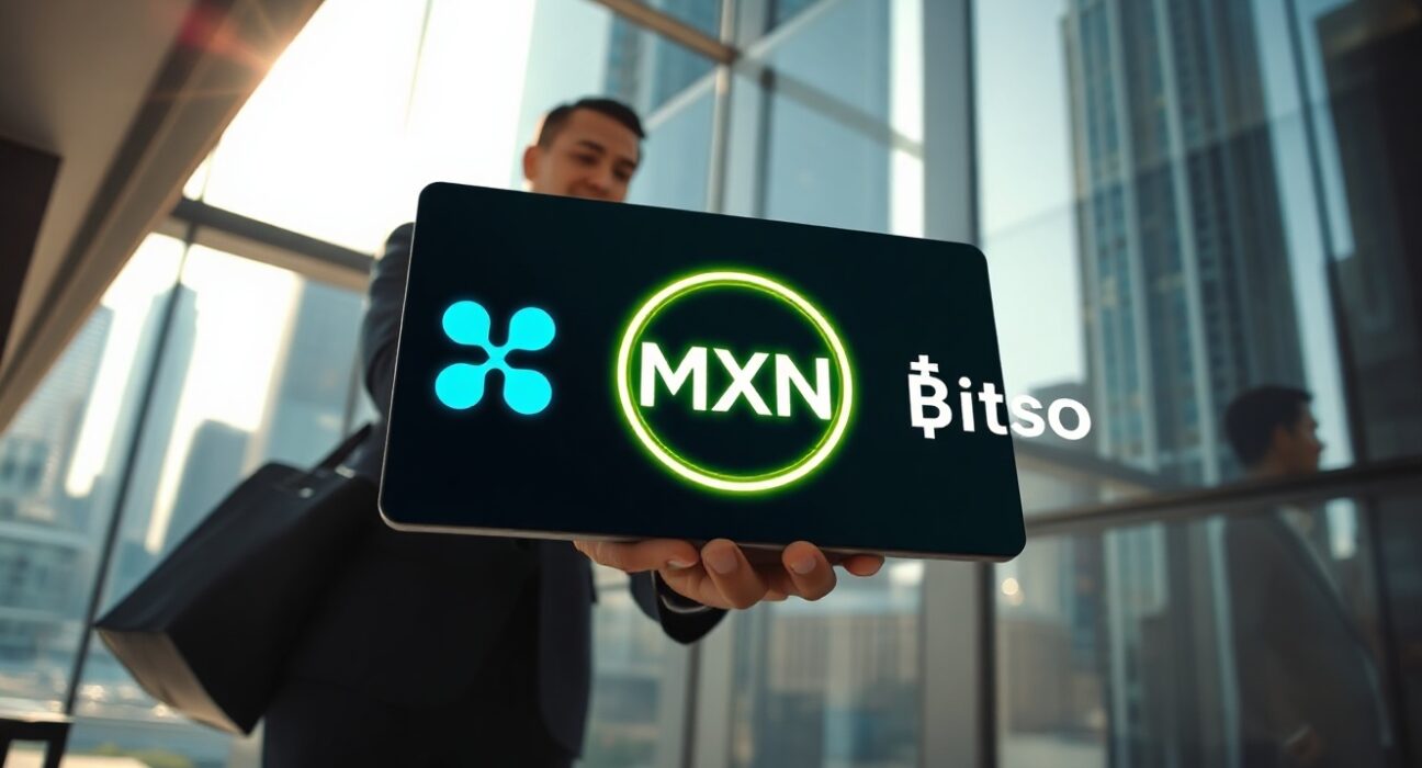 Digital screen displaying MXN stablecoin icon in a modern Mexico City office with financial professionals