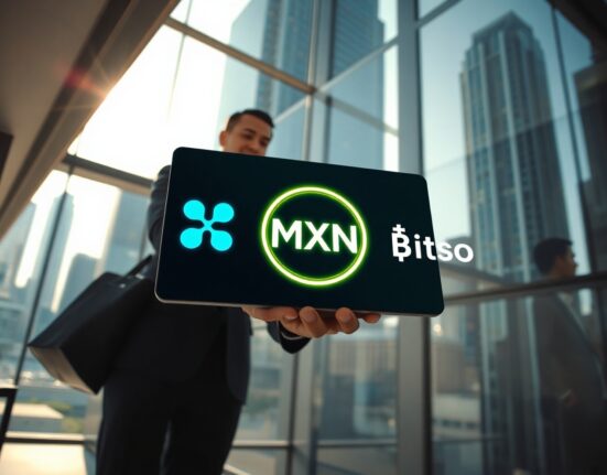 Digital screen displaying MXN stablecoin icon in a modern Mexico City office with financial professionals