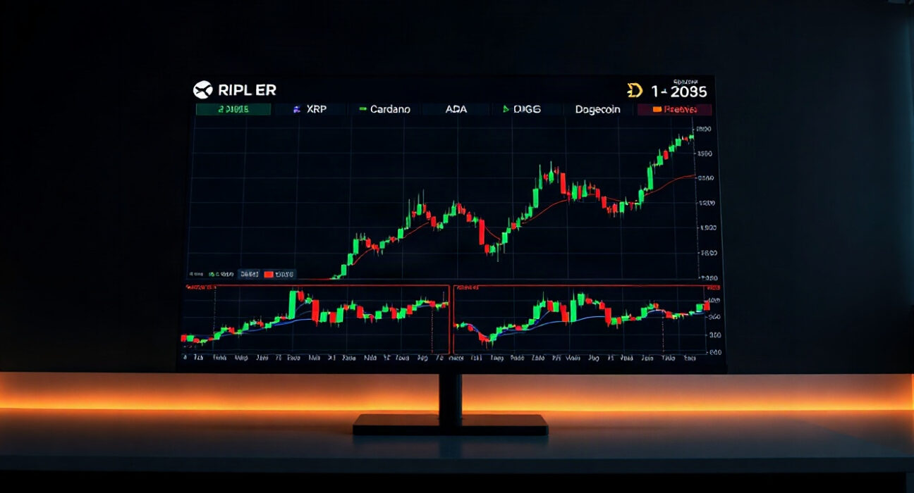 Cryptocurrency price charts on a trading screen showing Ripple, Cardano, and Dogecoin