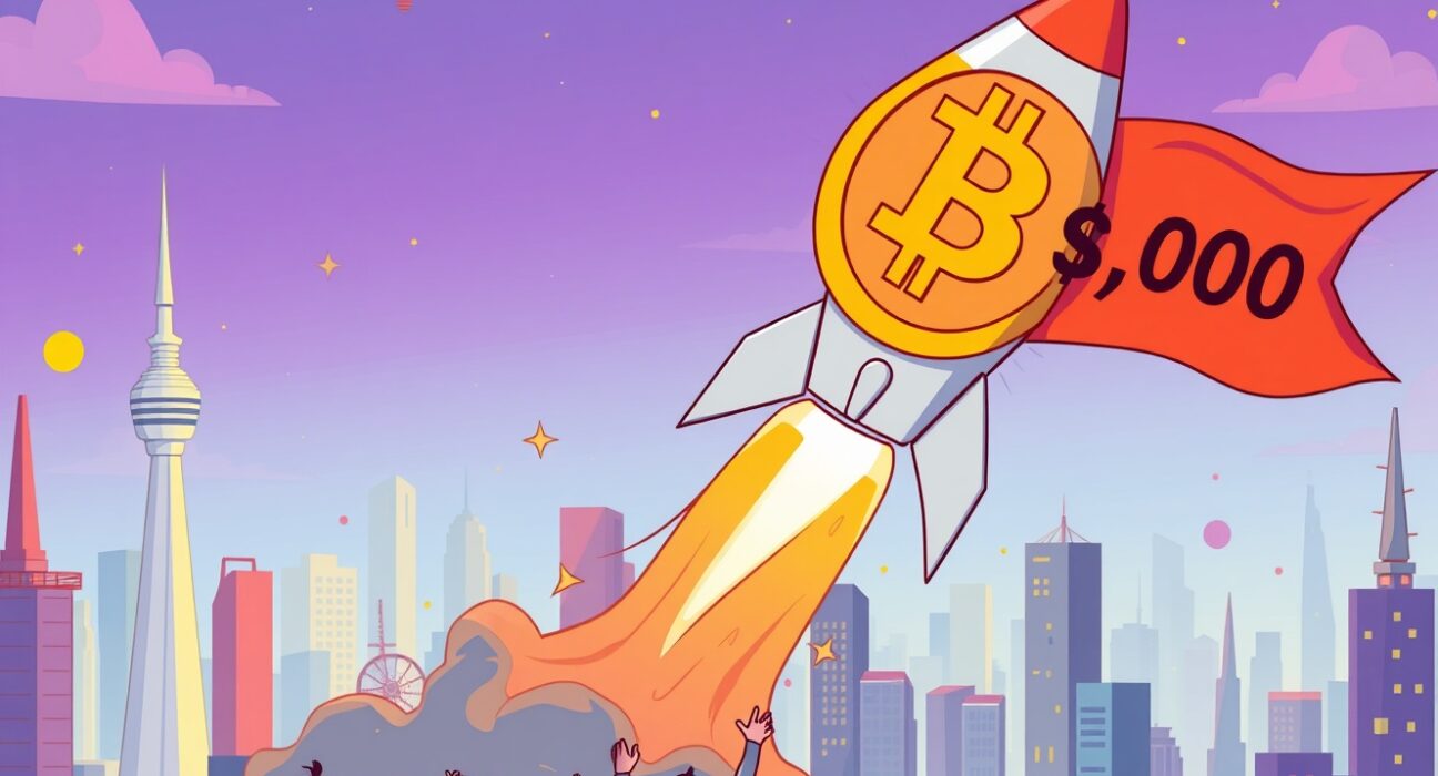Optimistic cartoon illustration of a Bitcoin rocket reaching a $180,000 price target.