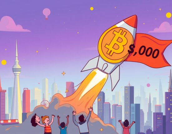 Optimistic cartoon illustration of a Bitcoin rocket reaching a $180,000 price target.