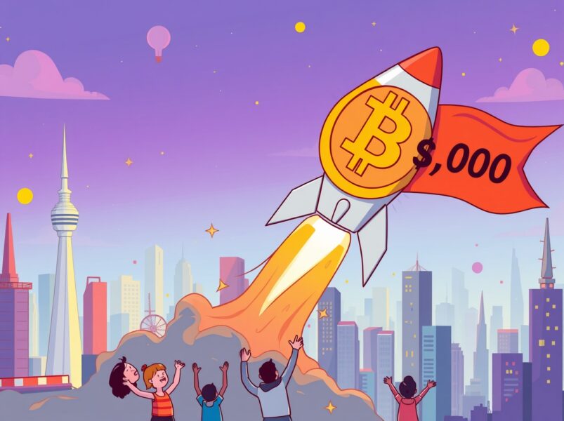 Optimistic cartoon illustration of a Bitcoin rocket reaching a $180,000 price target.