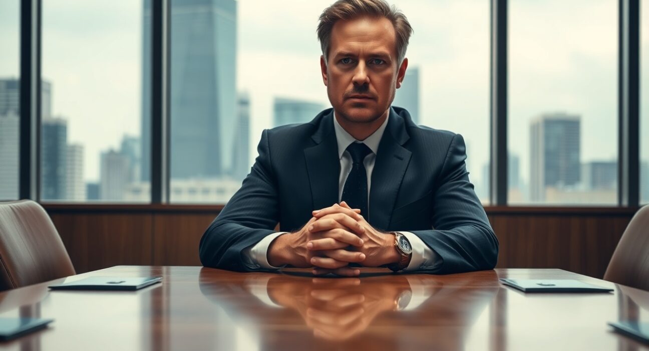 Ripple CEO Brad Garlinghouse in a serious boardroom meeting, reflecting on the company's near-shutdown during the SEC lawsuit