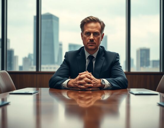 Ripple CEO Brad Garlinghouse in a serious boardroom meeting, reflecting on the company's near-shutdown during the SEC lawsuit