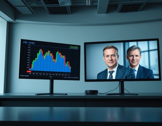 Financial monitors showing Bitcoin chart and MicroStrategy stock data with Ripple CEO and Michael Saylor