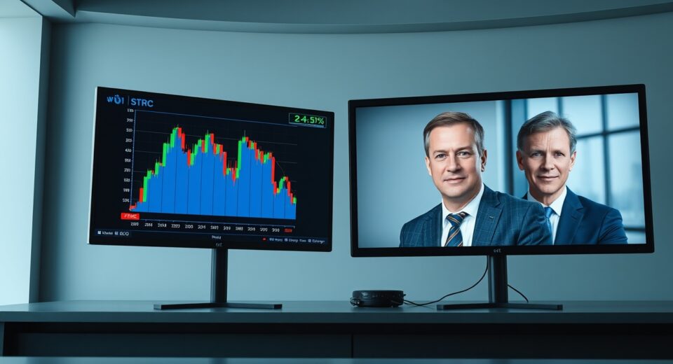 Financial monitors showing Bitcoin chart and MicroStrategy stock data with Ripple CEO and Michael Saylor