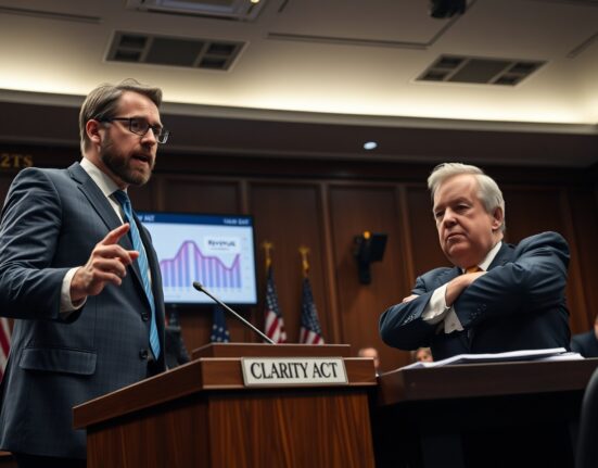 Ripple CEO Brad Garlinghouse and JPMorgan CEO Jamie Dimon in a congressional hearing setting, representing the clash over stablecoin regulation.
