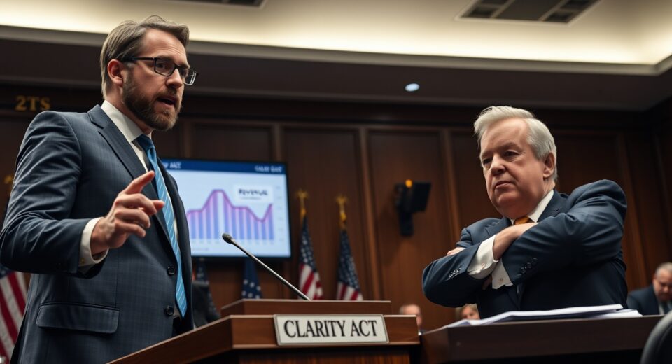 Ripple CEO Brad Garlinghouse and JPMorgan CEO Jamie Dimon in a congressional hearing setting, representing the clash over stablecoin regulation.