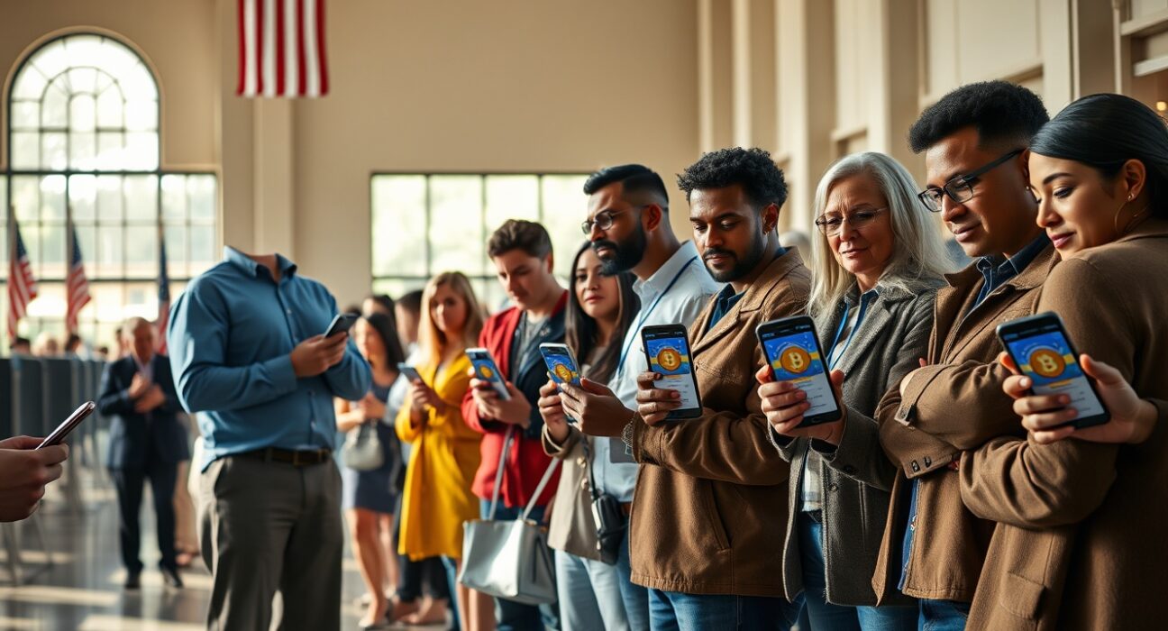 Diverse voters holding smartphones with crypto charts at a polling station