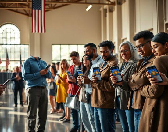 Diverse voters holding smartphones with crypto charts at a polling station