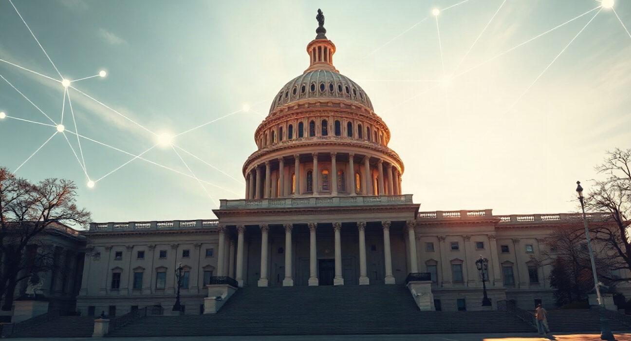 U.S. Capitol building with digital blockchain overlay symbolizing crypto regulation and economic growth.