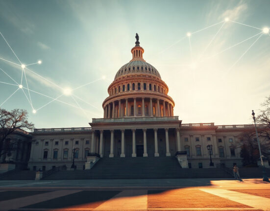 U.S. Capitol building with digital blockchain overlay symbolizing crypto regulation and economic growth.
