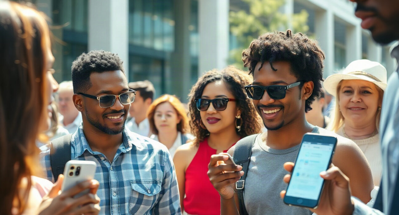 Americans using smartphones with a crypto wallet interface in a sunlit urban setting, with a dog leash in the background