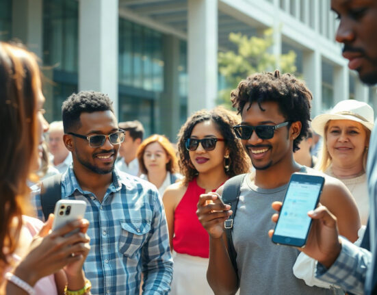 Americans using smartphones with a crypto wallet interface in a sunlit urban setting, with a dog leash in the background